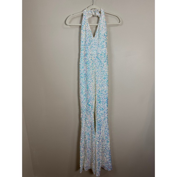 Show Me Your Mumu Women White Iridescent Sequin Halter Jumpsuit Size S - Picture 3 of 10